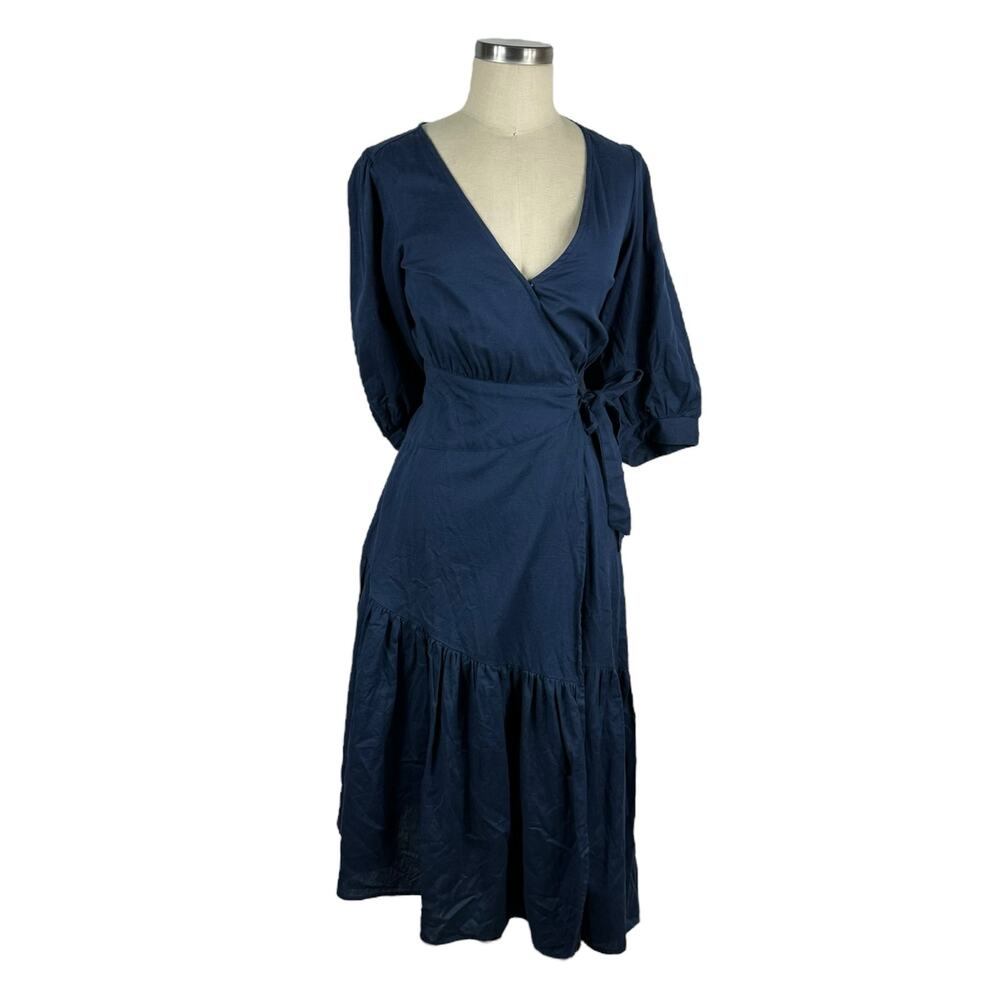 FREE‎ PEOPLE Navy Blue Don't Mind If I Do Wrap Midi Dress Women's Size XS